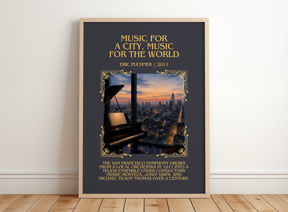 Music For A City, Music For The World Minimalist Book Poster – framed print leaning on a wooden floor