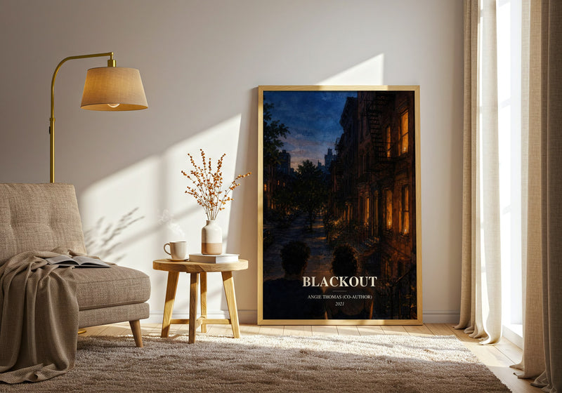 Blackout watercolour print in frame leaning in hallway – young adult wall art