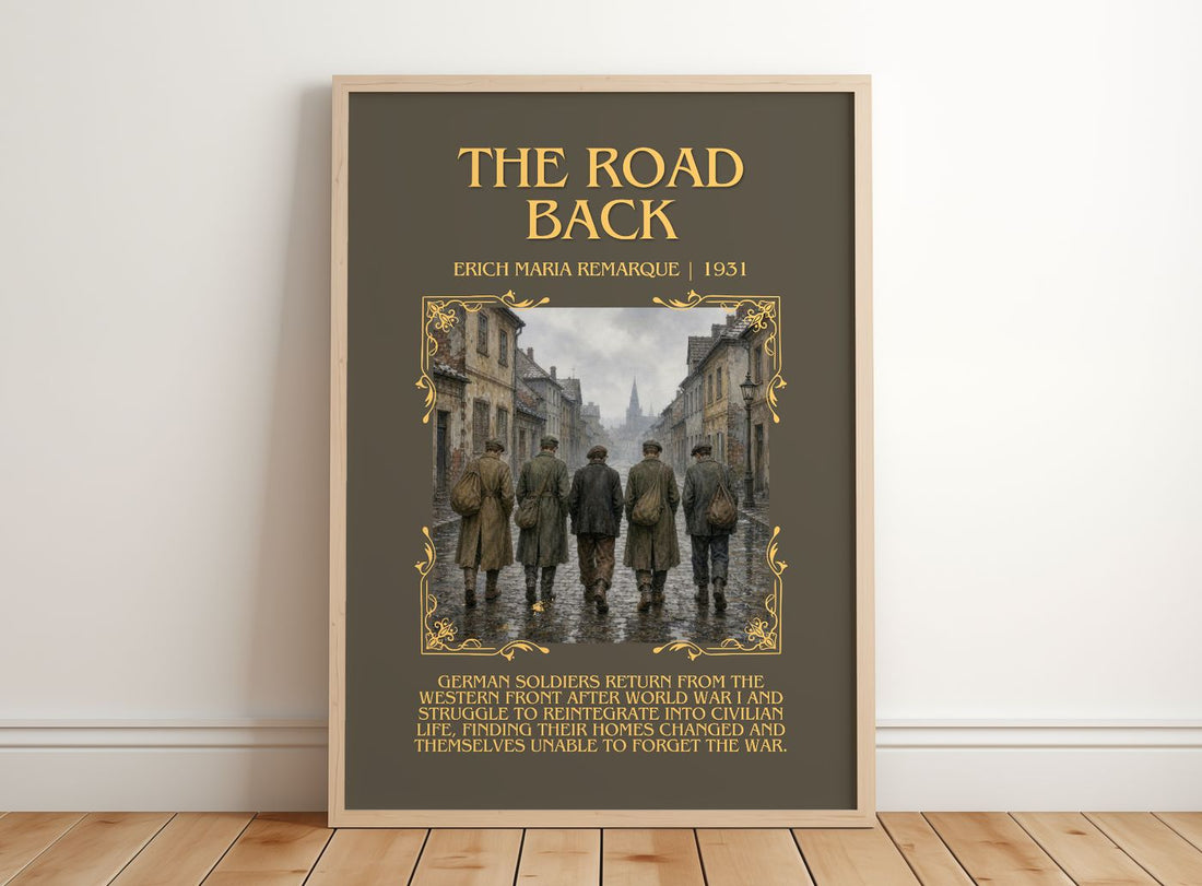 The Road Back Minimalist Book Poster by Erich Maria Remarque – framed print leaning on a wooden floor