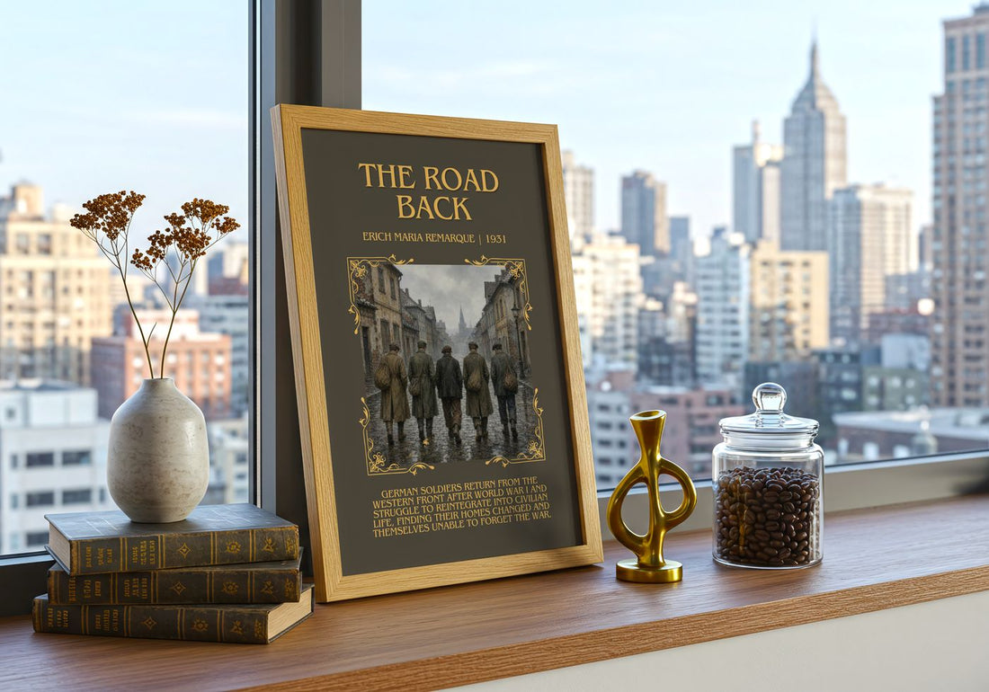 The Road Back Minimalist Book Poster by Erich Maria Remarque – framed print on a city-view windowsill