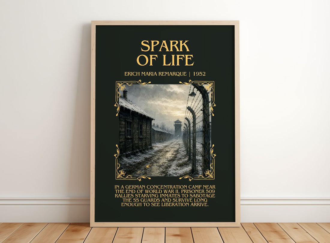 Spark Of Life Minimalist Book Poster by Erich Maria Remarque – framed print leaning on a wooden floor
