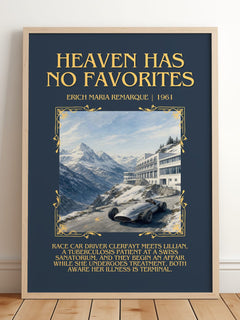 Heaven Has No Favorites Minimalist Book Poster by Erich Maria Remarque – framed print leaning on a wooden floor