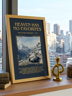 Heaven Has No Favorites Minimalist Book Poster by Erich Maria Remarque – framed print on a city-view windowsill