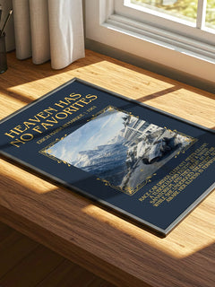 Heaven Has No Favorites Minimalist Book Poster by Erich Maria Remarque – print on a sunlit desk