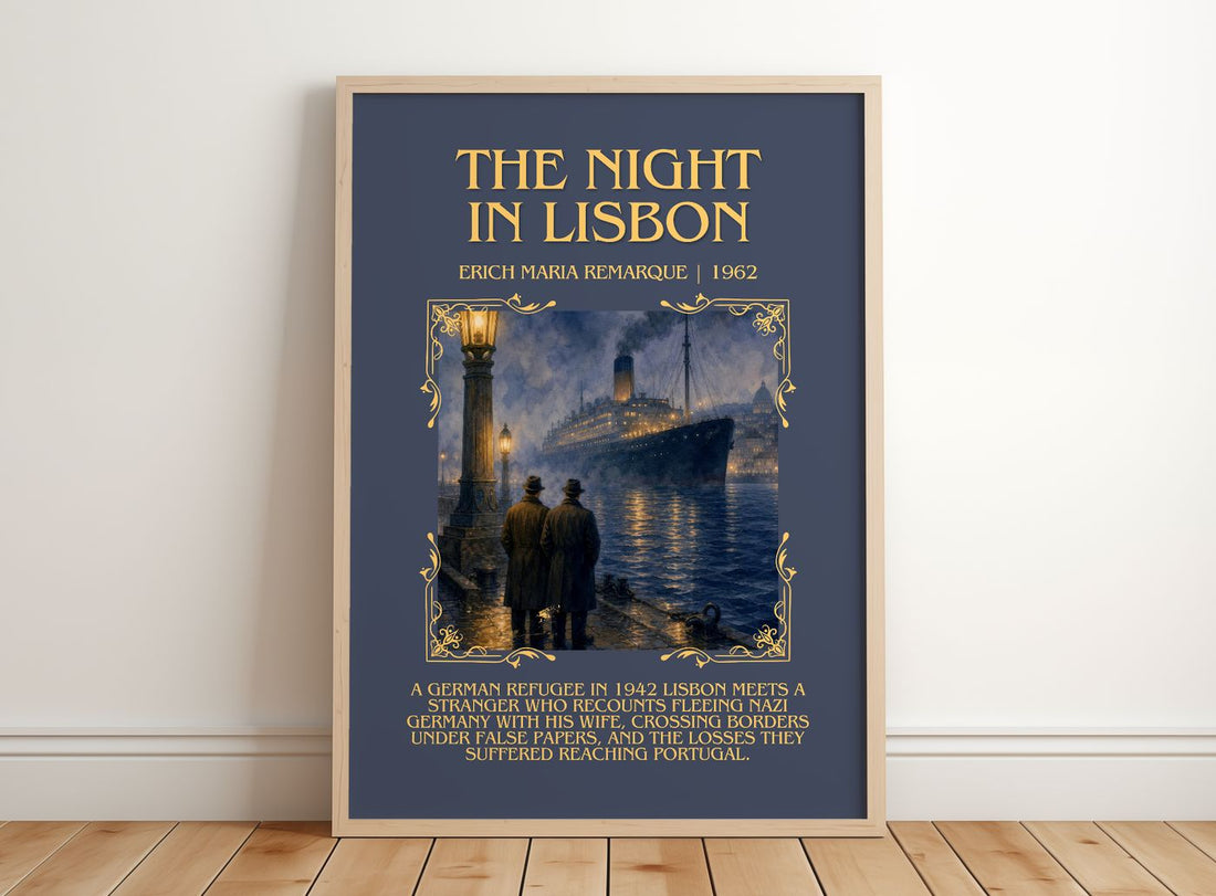 The Night In Lisbon Minimalist Book Poster by Erich Maria Remarque – framed print leaning on a wooden floor