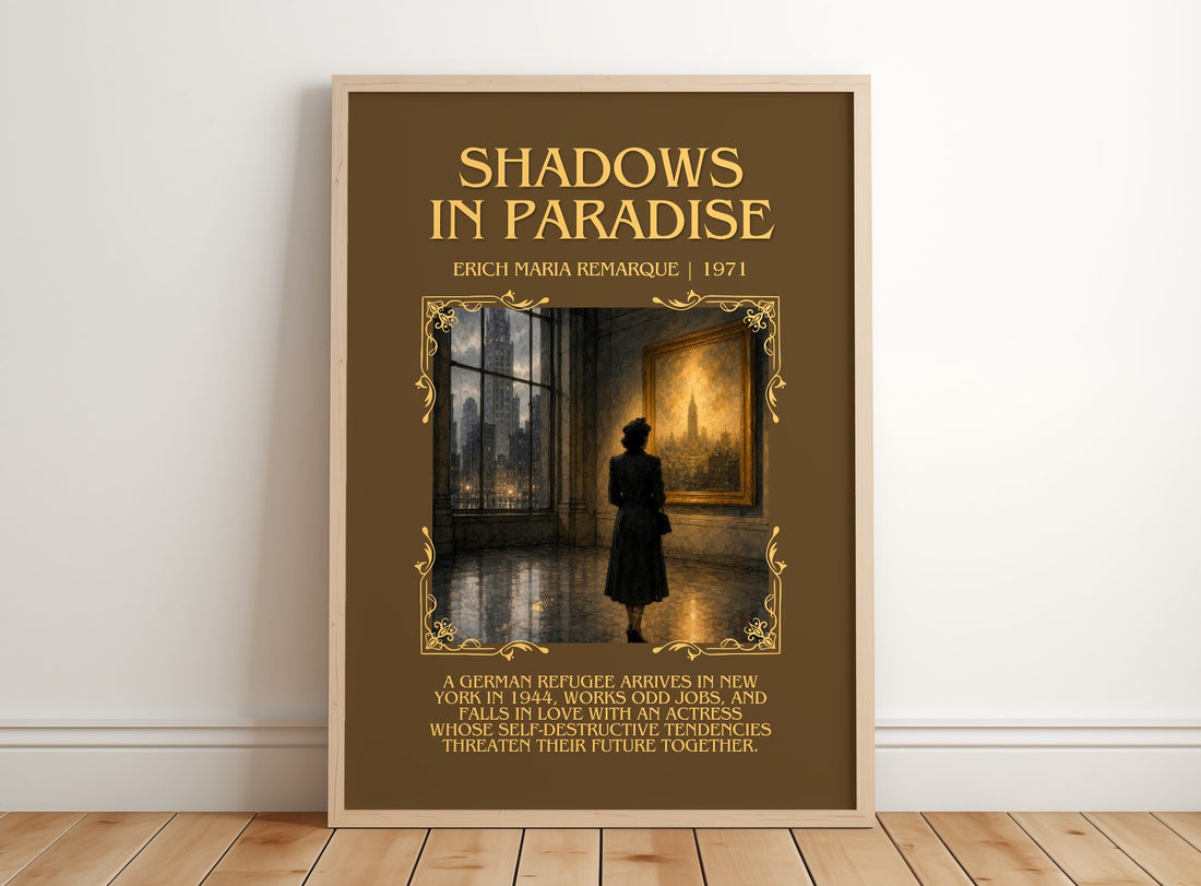 Shadows In Paradise Minimalist Book Poster by Erich Maria Remarque – framed print leaning on a wooden floor