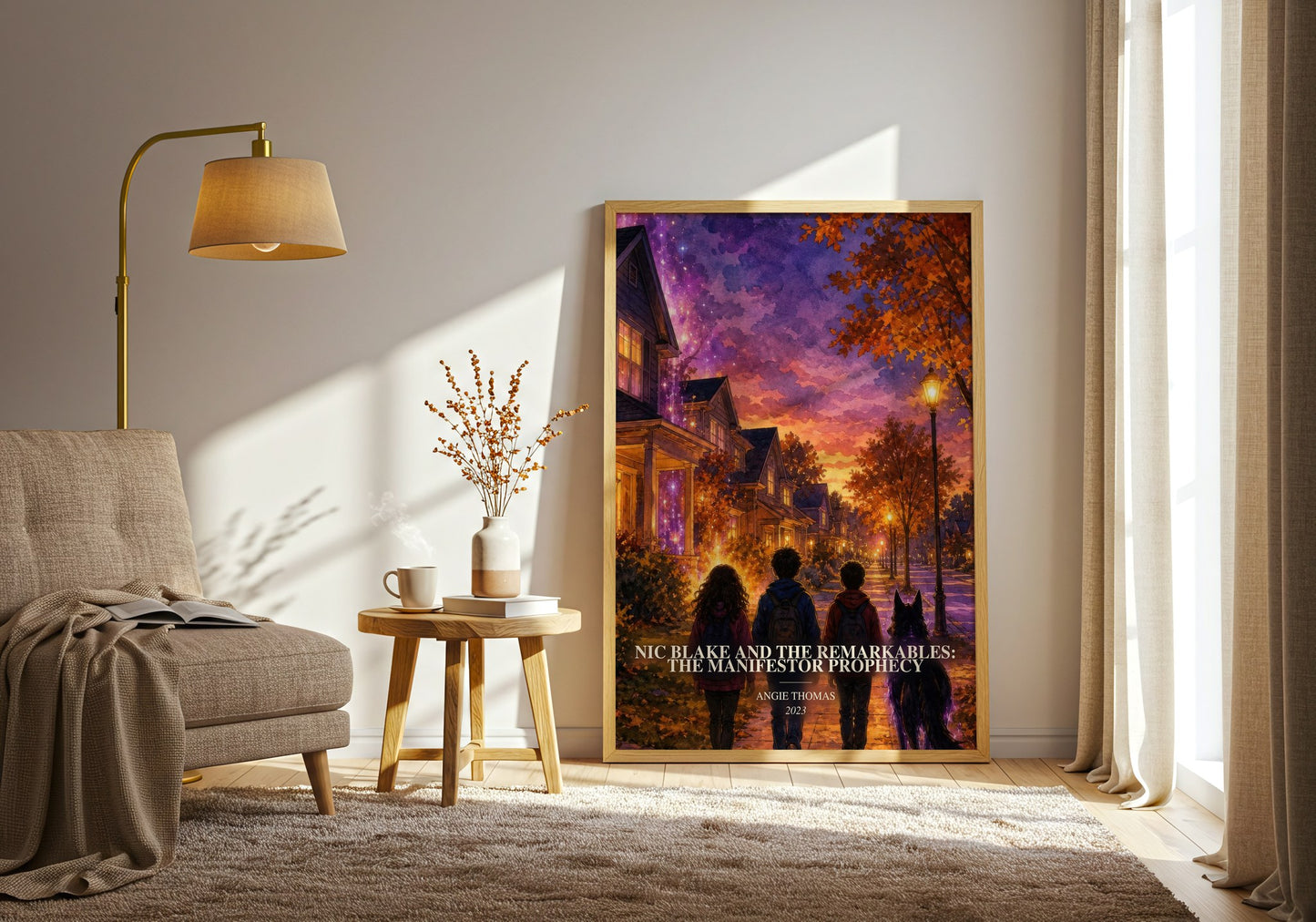 Nic Blake And The Remarkables: The Manifestor Prophecy watercolour print in frame leaning in hallway – fantasy wall art