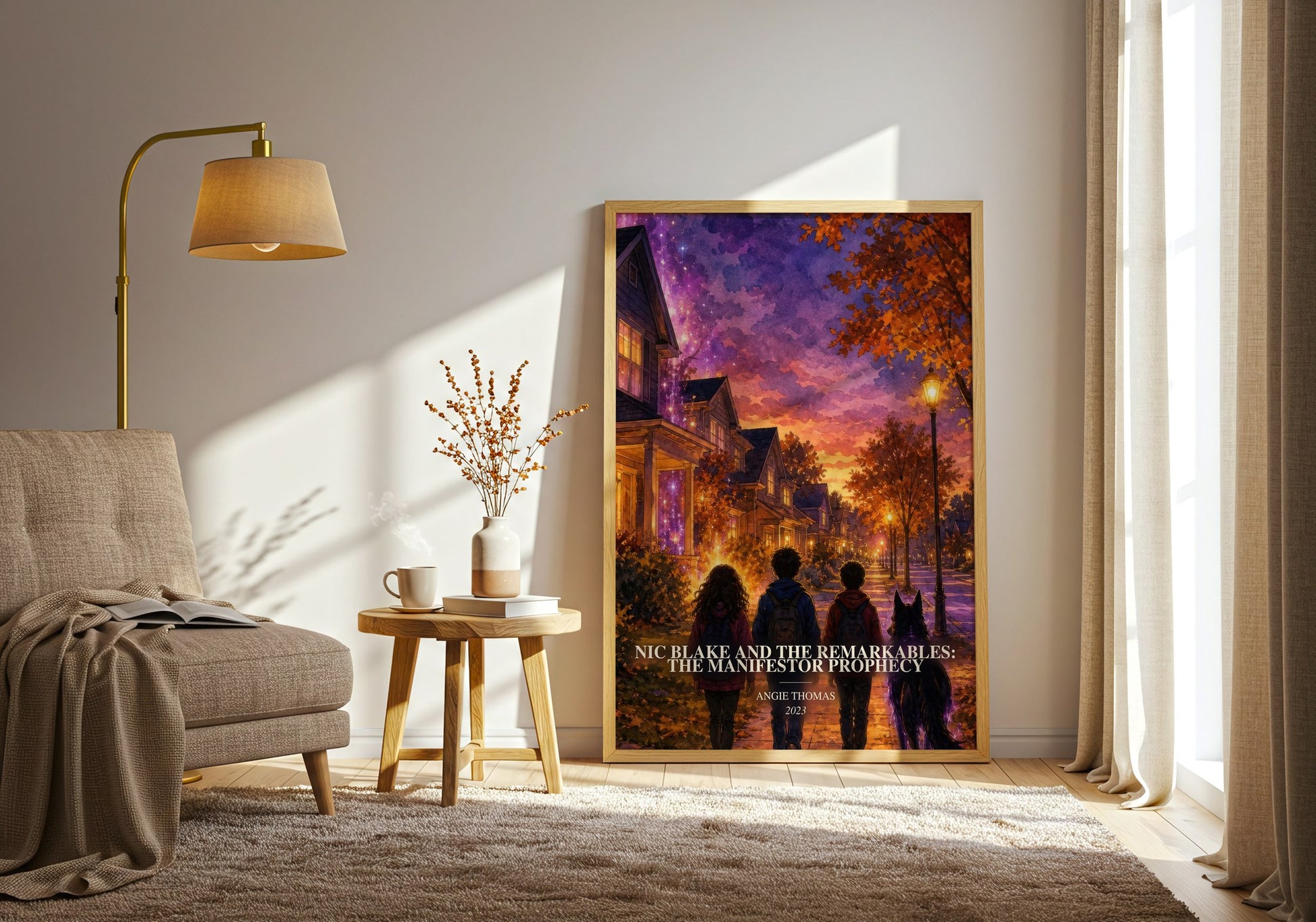 Nic Blake And The Remarkables: The Manifestor Prophecy watercolour print in frame leaning in hallway – fantasy wall art