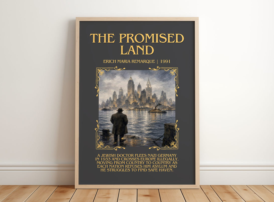 The Promised Land Minimalist Book Poster by Erich Maria Remarque – framed print leaning on a wooden floor