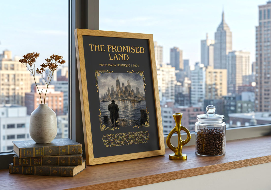 The Promised Land Minimalist Book Poster by Erich Maria Remarque – framed print on a city-view windowsill