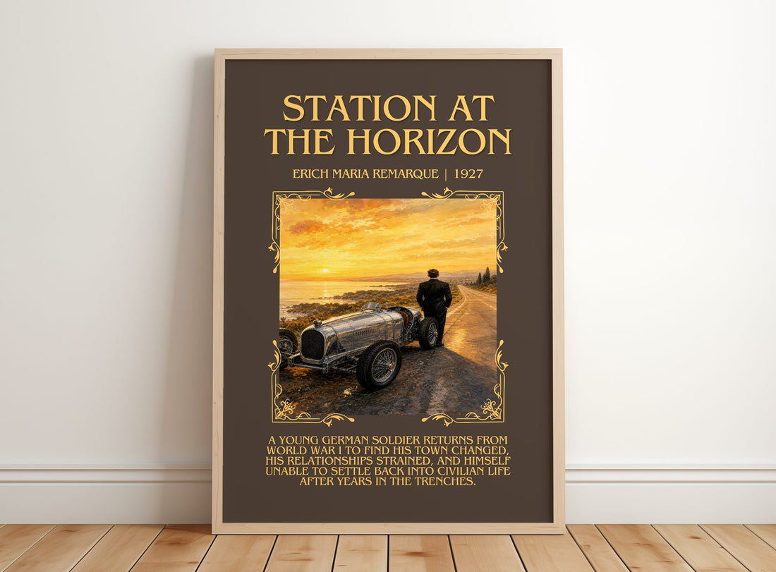 Station At The Horizon Minimalist Book Poster by Erich Maria Remarque – framed print leaning on a wooden floor