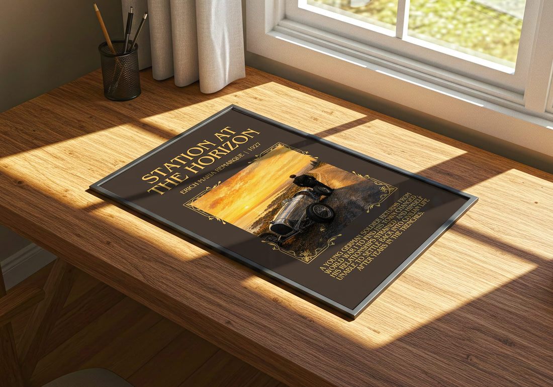 Station At The Horizon Minimalist Book Poster by Erich Maria Remarque – print on a sunlit desk