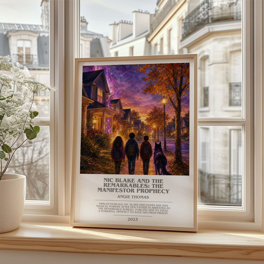 Nic Blake And The Remarkables: The Manifestor Prophecy bookish print in frame leaning in hallway – fantasy wall art