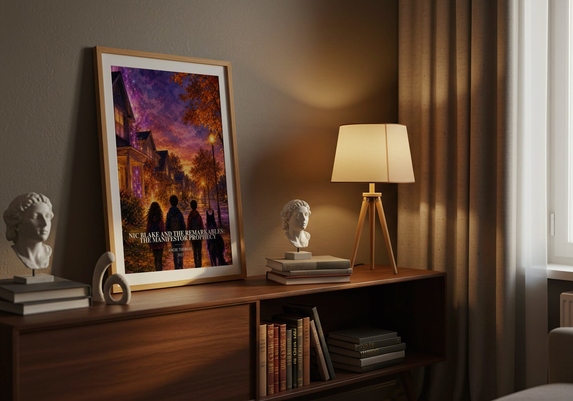 Nic Blake And The Remarkables: The Manifestor Prophecy watercolour print on bookshelf – Angie Thomas fan gift