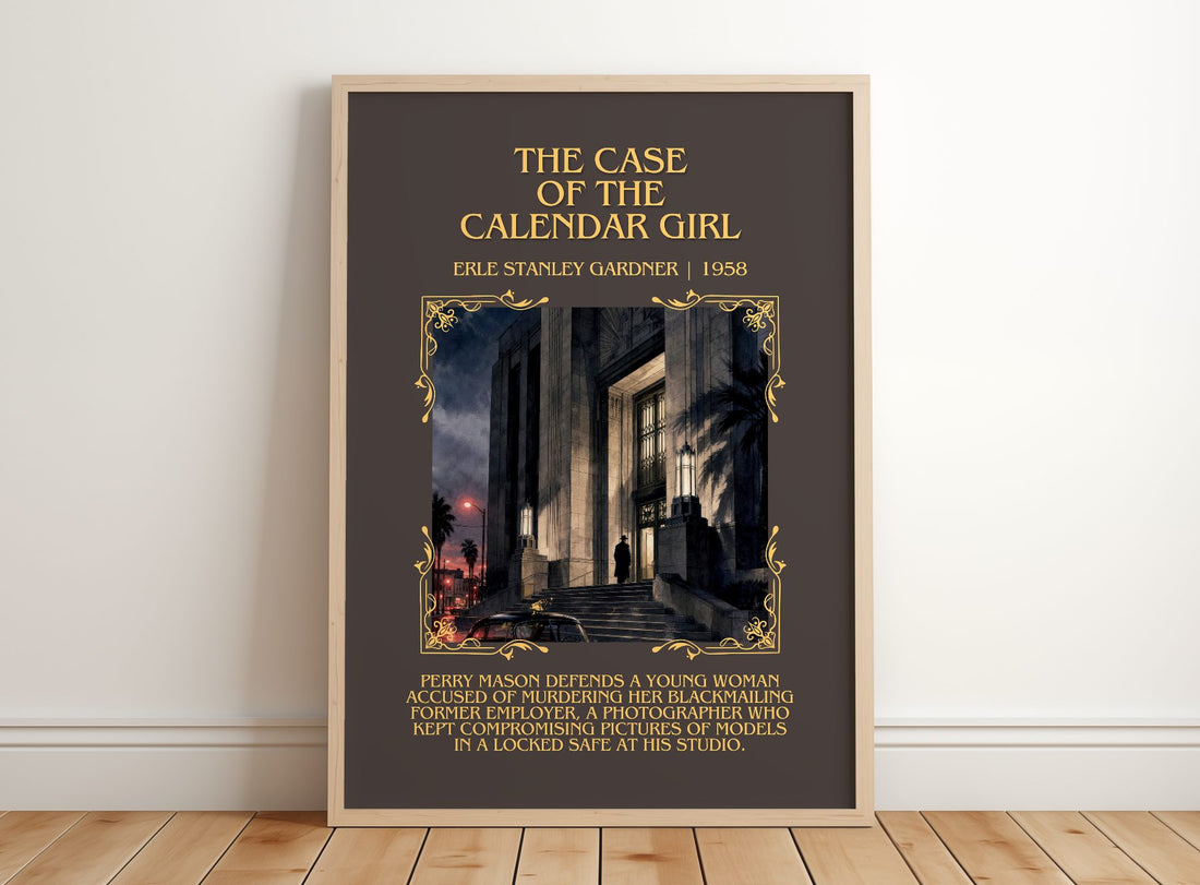 Case Of The Calendar Girl Minimalist Book Poster by E. Gardner – framed print leaning on a wooden floor