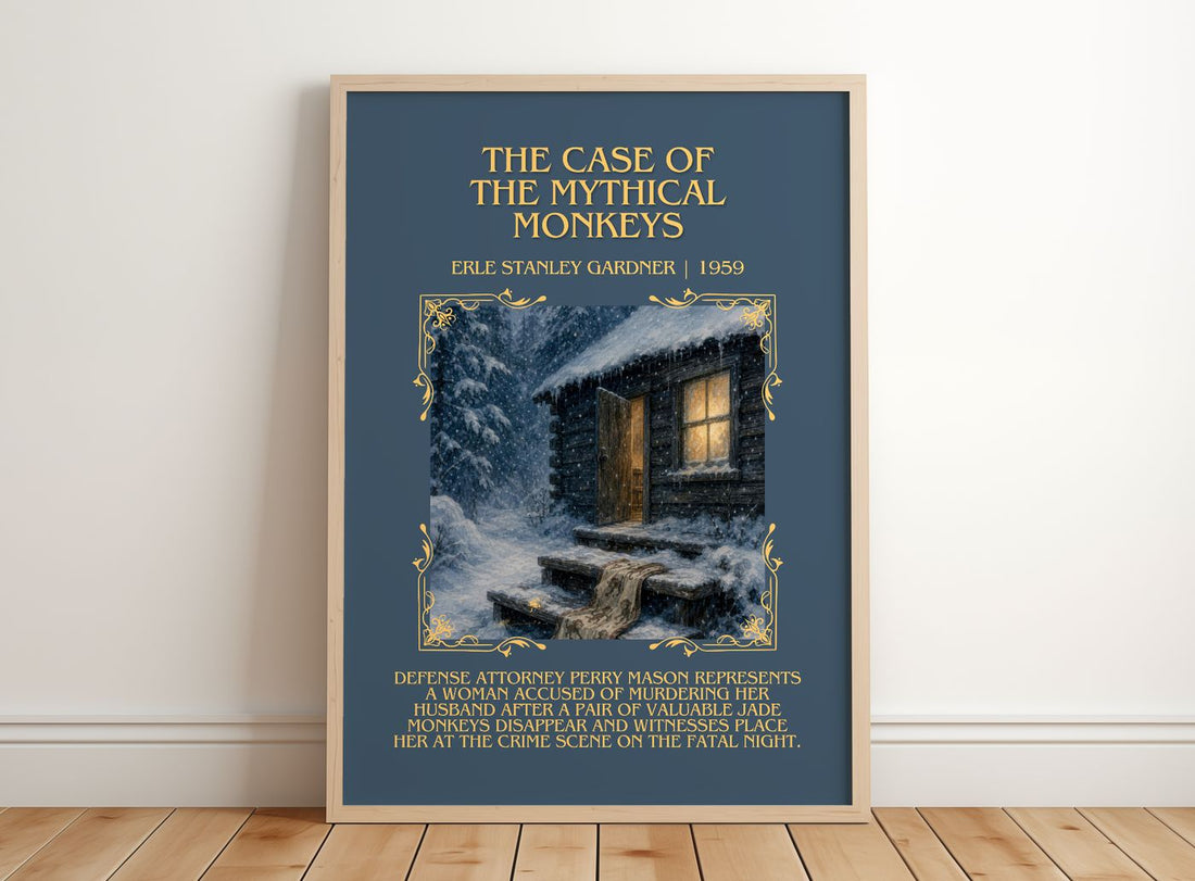 Case Of The Mythical Monkeys Minimalist Book Poster by E. Gardner – framed print leaning on a wooden floor