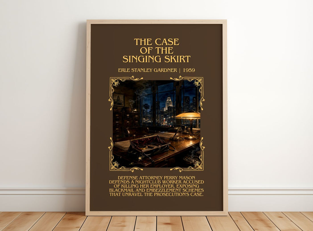 Case Of The Singing Skirt Minimalist Book Poster by E. Gardner – framed print leaning on a wooden floor