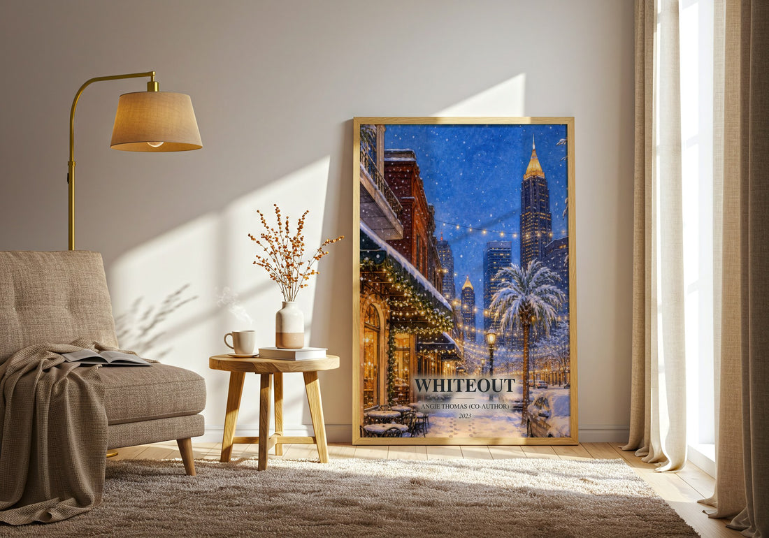Whiteout watercolour print in frame leaning in hallway – young adult wall art (mockup)