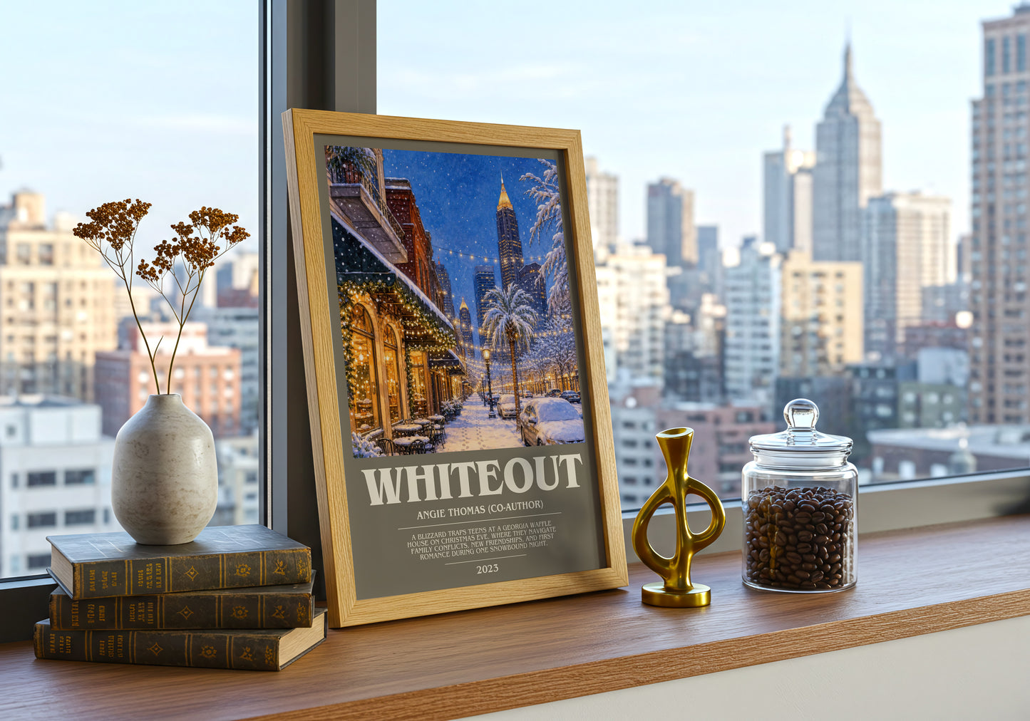 Whiteout bookish print framed by window – literary home decor