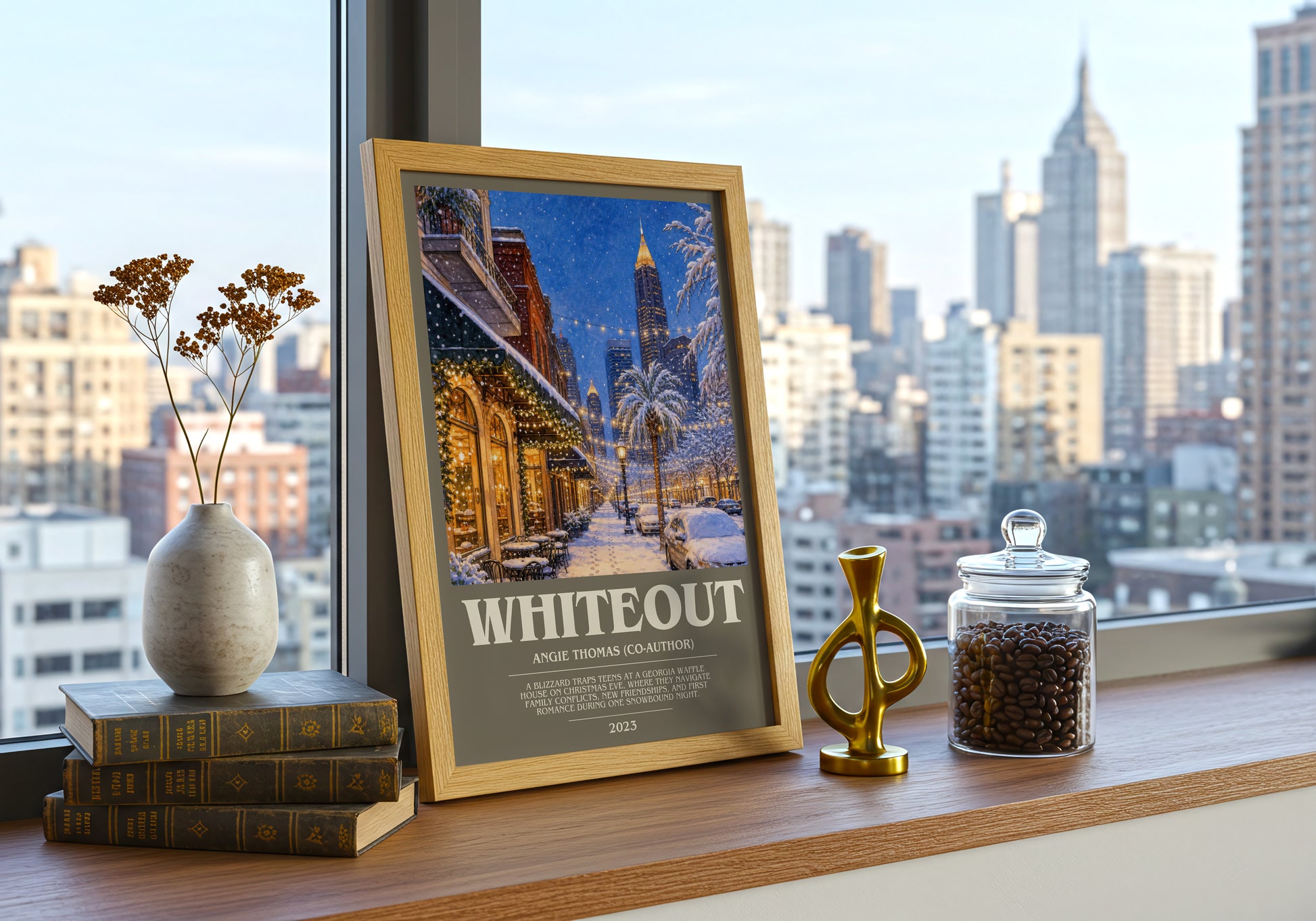 Whiteout bookish print framed by window – literary home decor