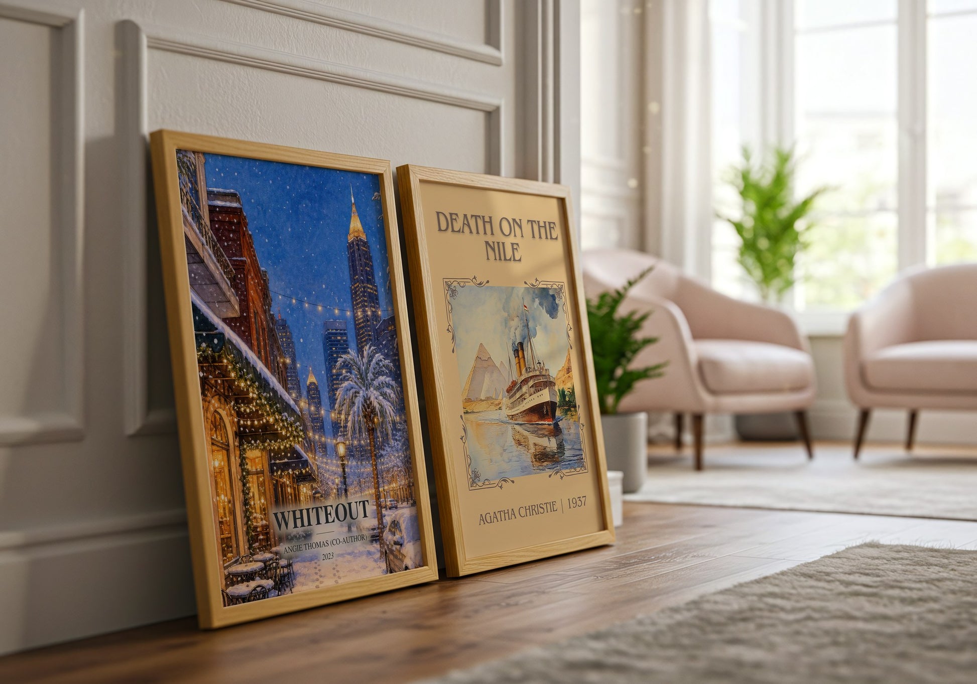 Whiteout watercolour print framed by window – literary home decor