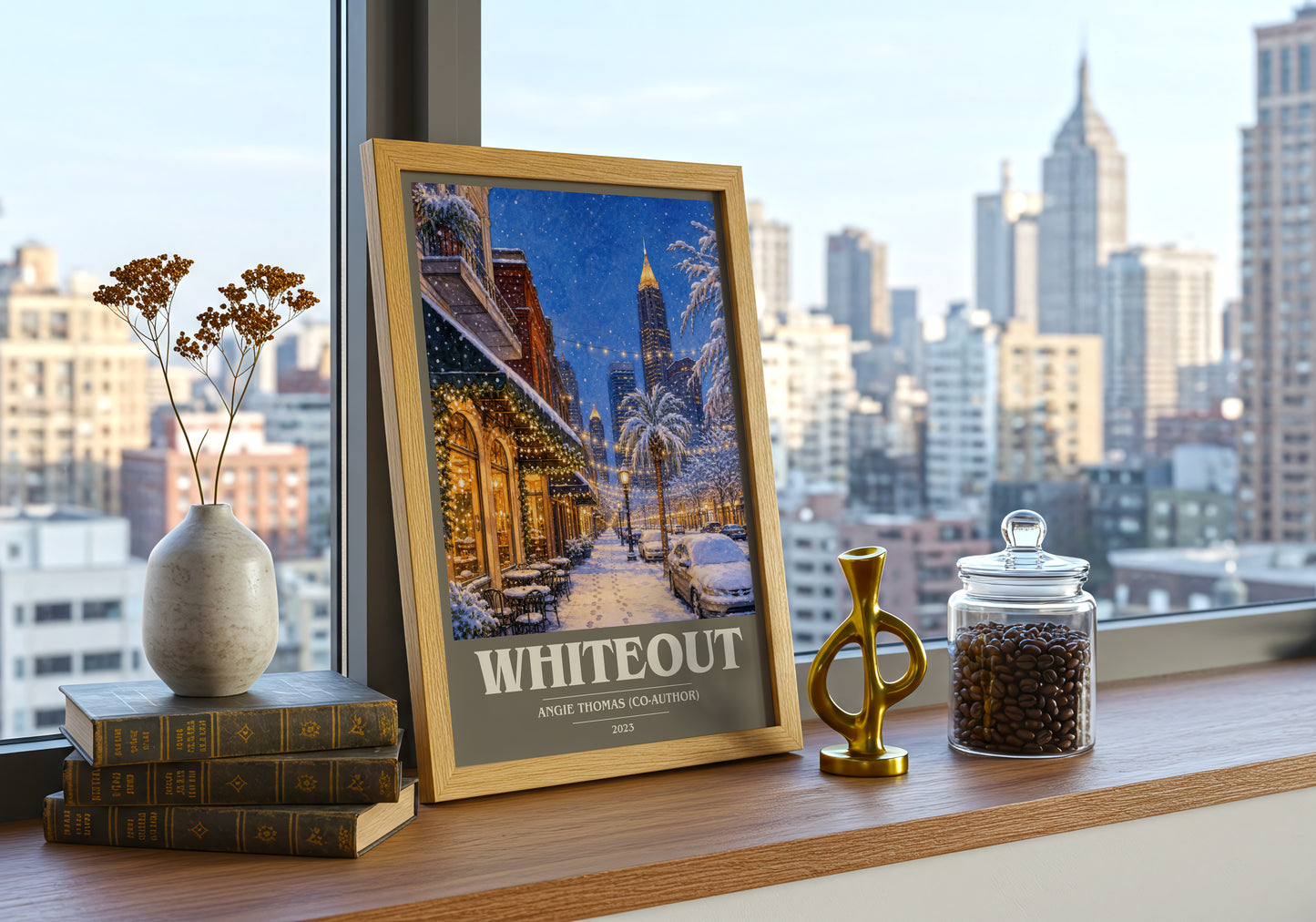 Whiteout book cover print framed by window – literary home decor