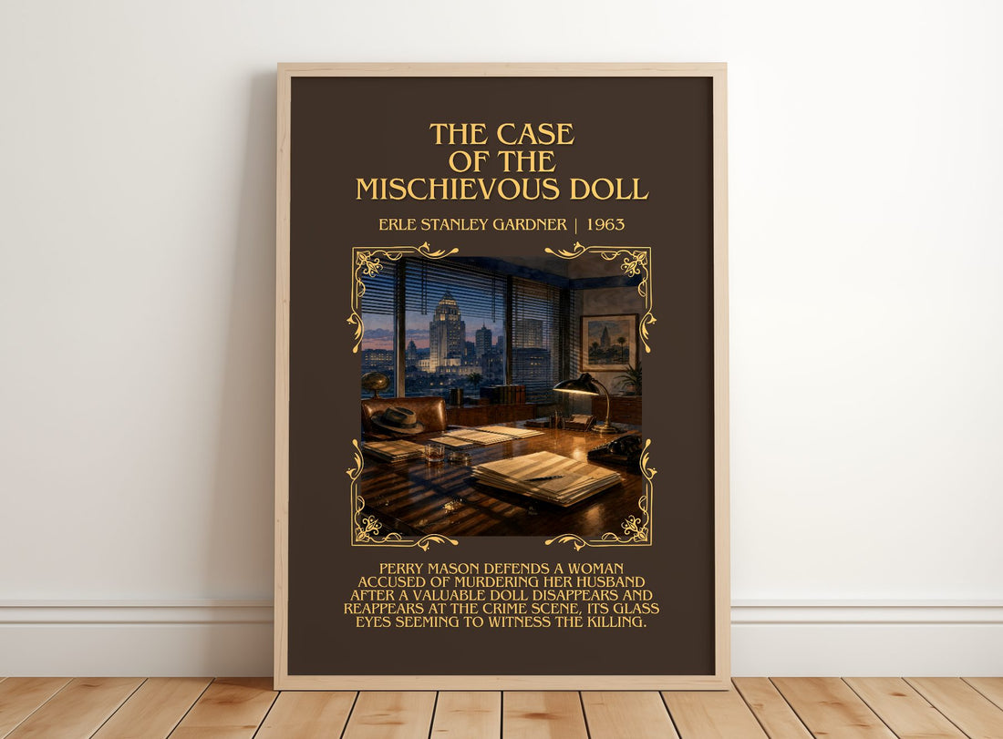 Case Of The Mischievous Doll Minimalist Book Poster by E. Gardner – framed print leaning on a wooden floor