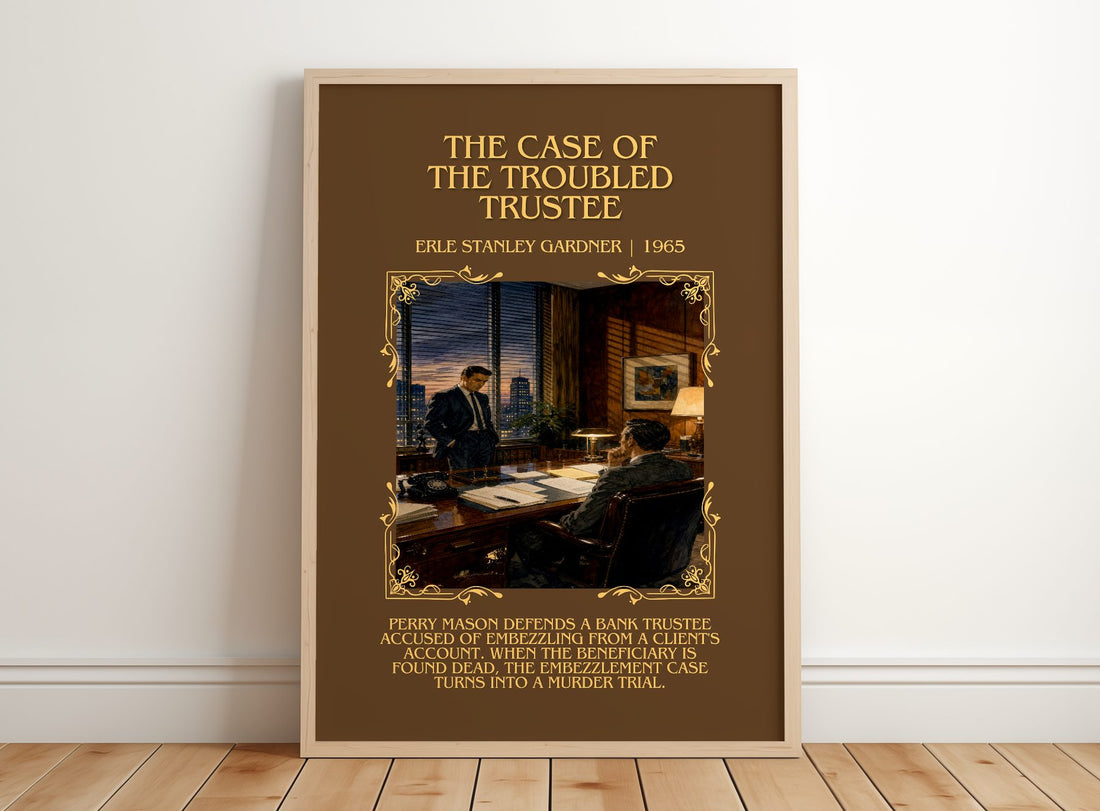 Case Of The Troubled Trustee Minimalist Book Poster by E. Gardner – framed print leaning on a wooden floor