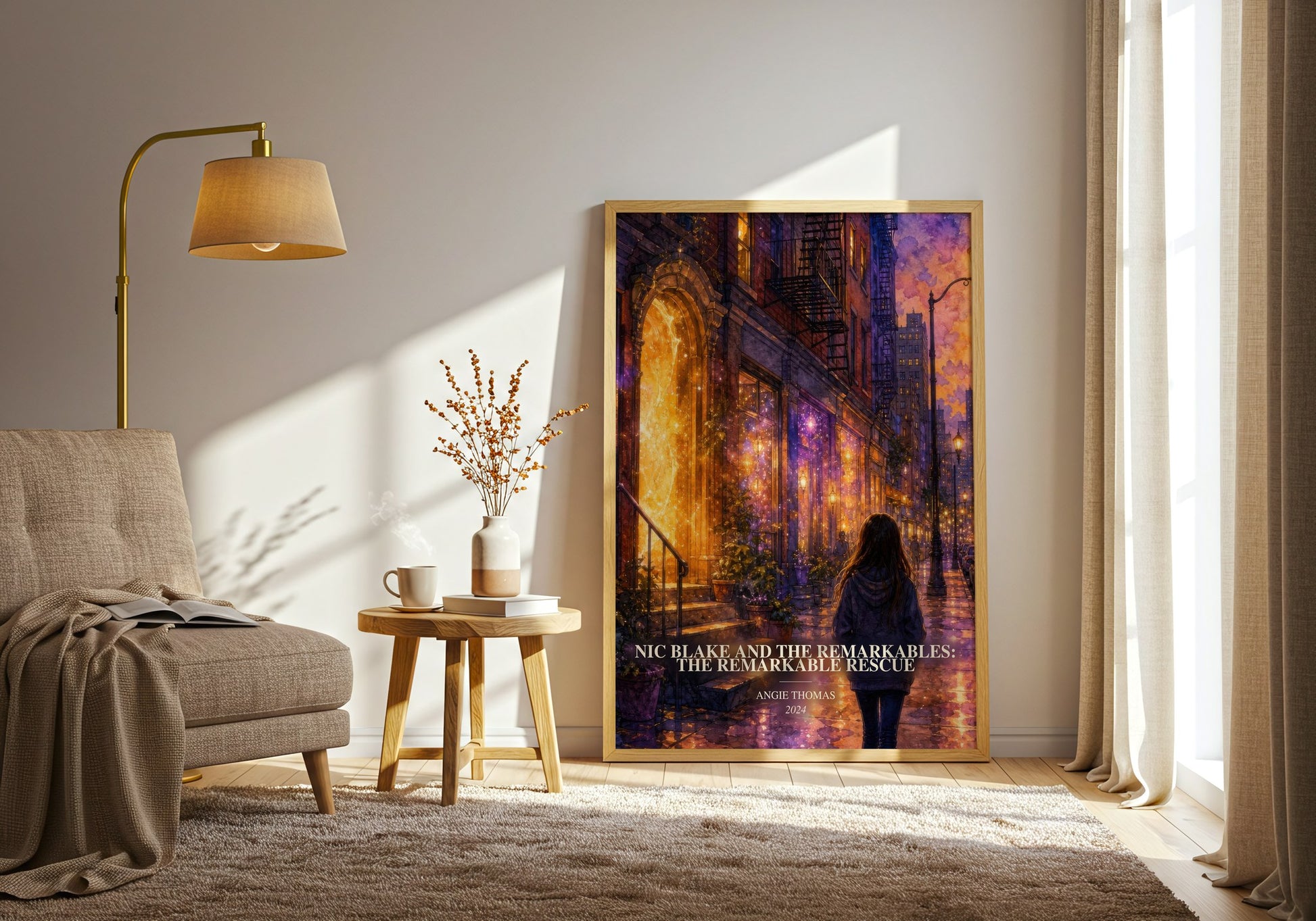 Nic Blake And The Remarkables: The Remarkable Rescue watercolour print in frame leaning in hallway – fantasy wall art