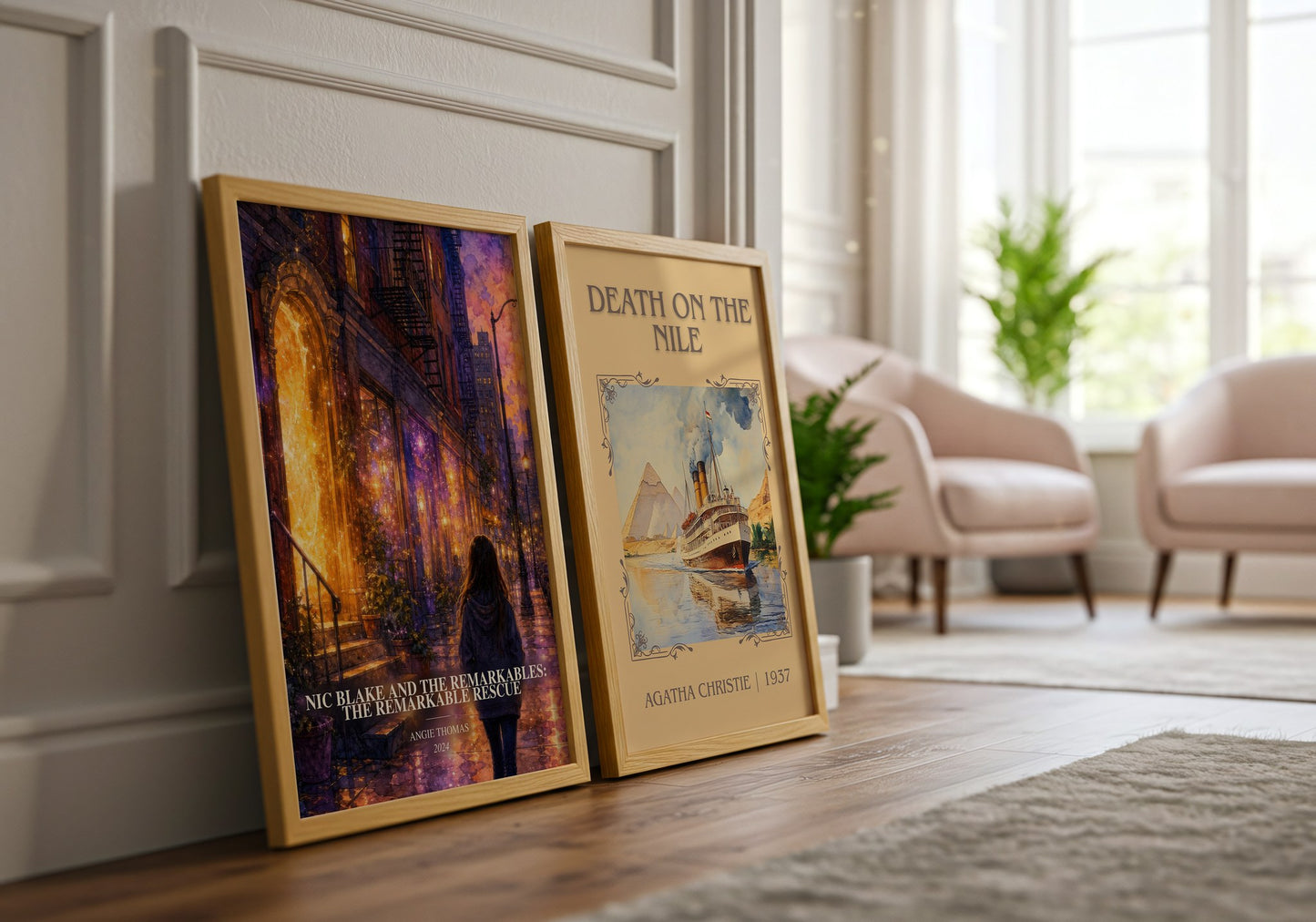 Nic Blake And The Remarkables: The Remarkable Rescue watercolour print framed by window – literary home decor