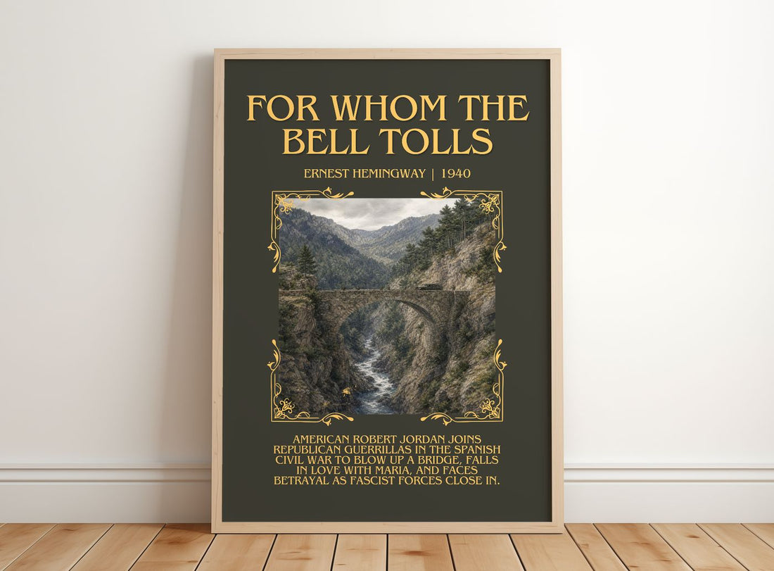 For Whom The Bell Tolls Minimalist Book Poster by Ernest Hemingway – framed print leaning on a wooden floor