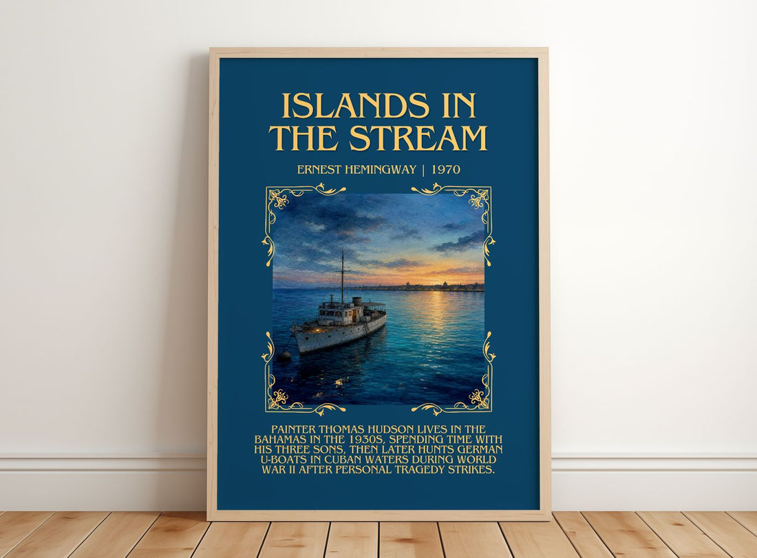 Islands In The Stream Minimalist Book Poster by Ernest Hemingway – framed print leaning on a wooden floor