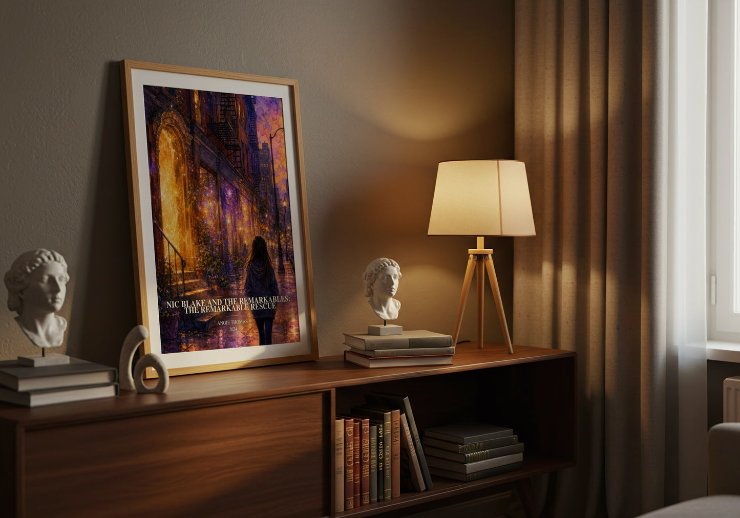 Nic Blake And The Remarkables: The Remarkable Rescue watercolour print on bookshelf – Angie Thomas fan gift