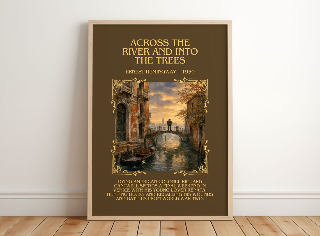 Across The River And Into The Trees Minimalist Book Poster – framed print leaning on a wooden floor
