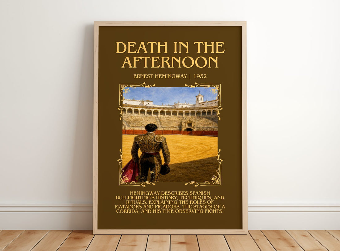 Death In The Afternoon Minimalist Book Poster by Ernest Hemingway – framed print leaning on a wooden floor