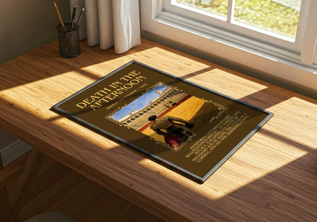 Death In The Afternoon Minimalist Book Poster by Ernest Hemingway – print on a sunlit desk