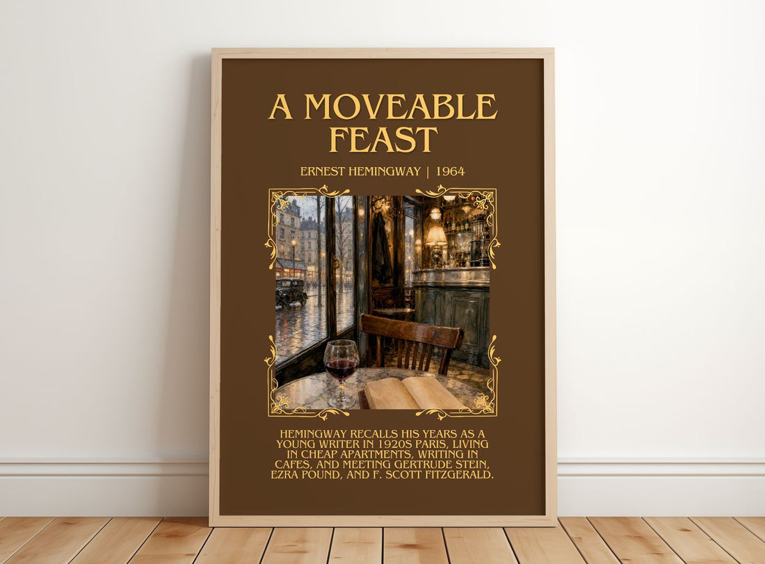 A Moveable Feast Minimalist Book Poster by Ernest Hemingway – framed print leaning on a wooden floor