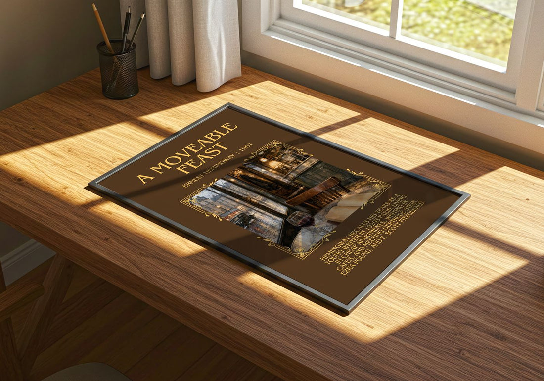 A Moveable Feast Minimalist Book Poster by Ernest Hemingway – print on a sunlit desk