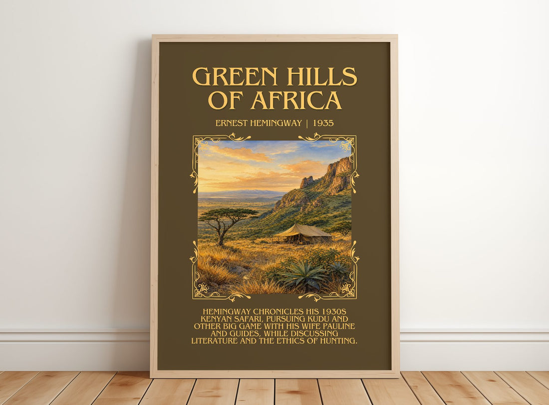 Green Hills Of Africa Minimalist Book Poster by Ernest Hemingway – framed print leaning on a wooden floor