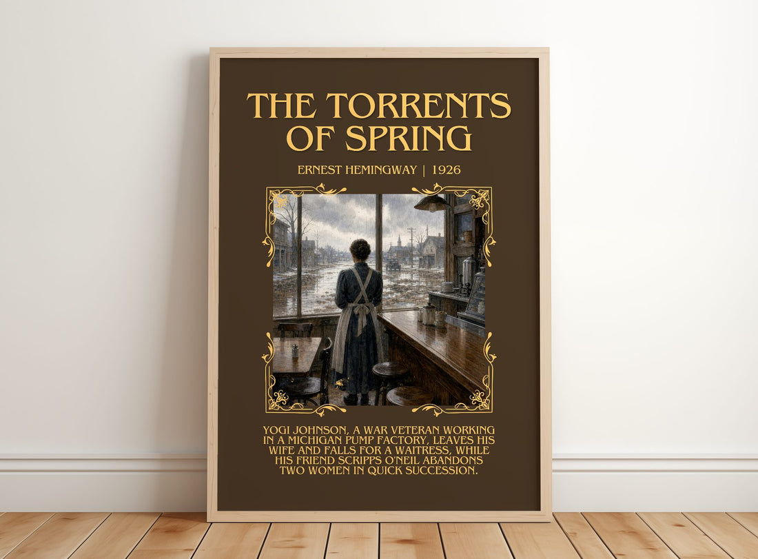 The Torrents Of Spring Minimalist Book Poster by Ernest Hemingway – framed print leaning on a wooden floor
