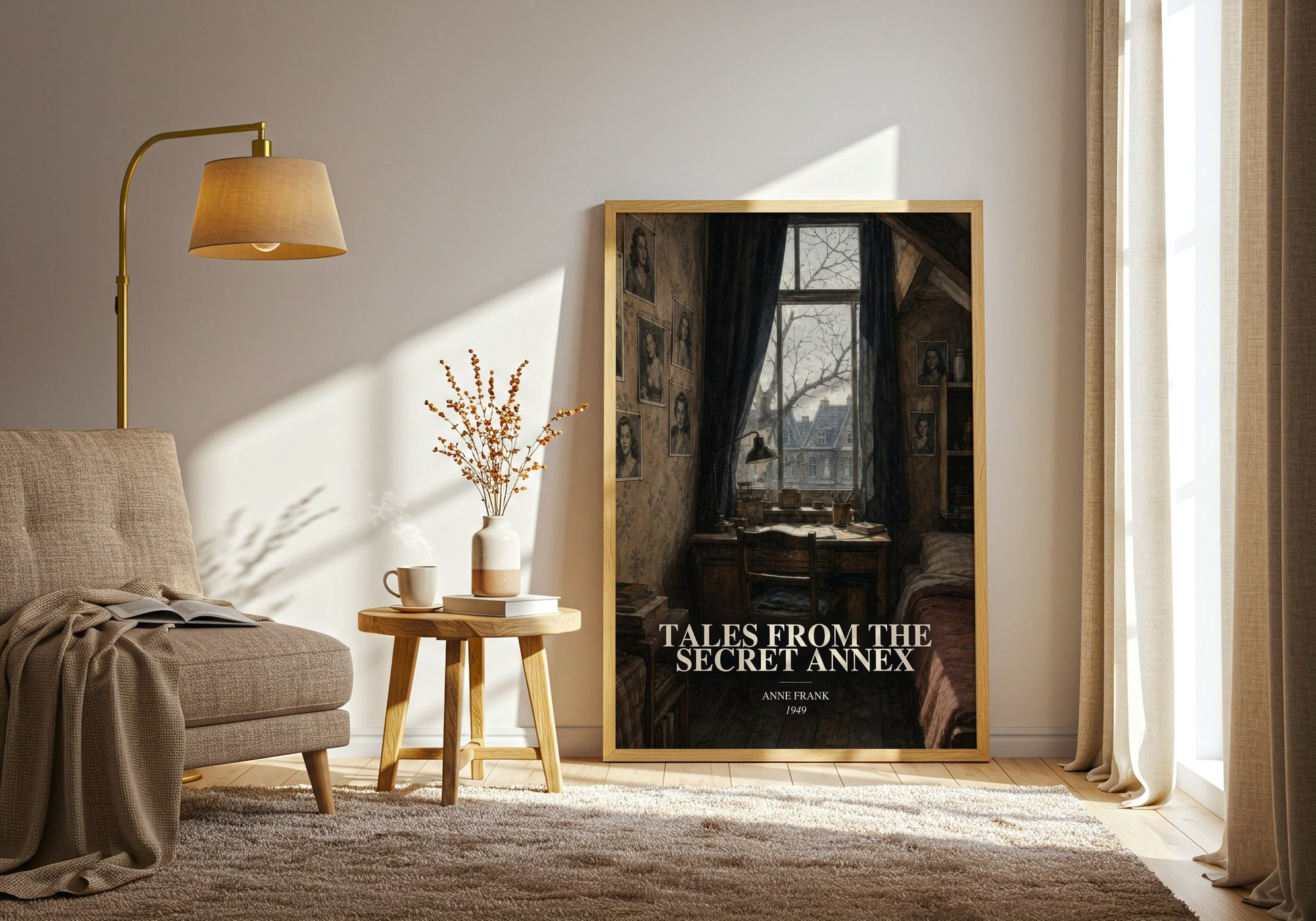 Tales From The Secret Annex watercolour print in frame leaning in hallway – non fiction wall art