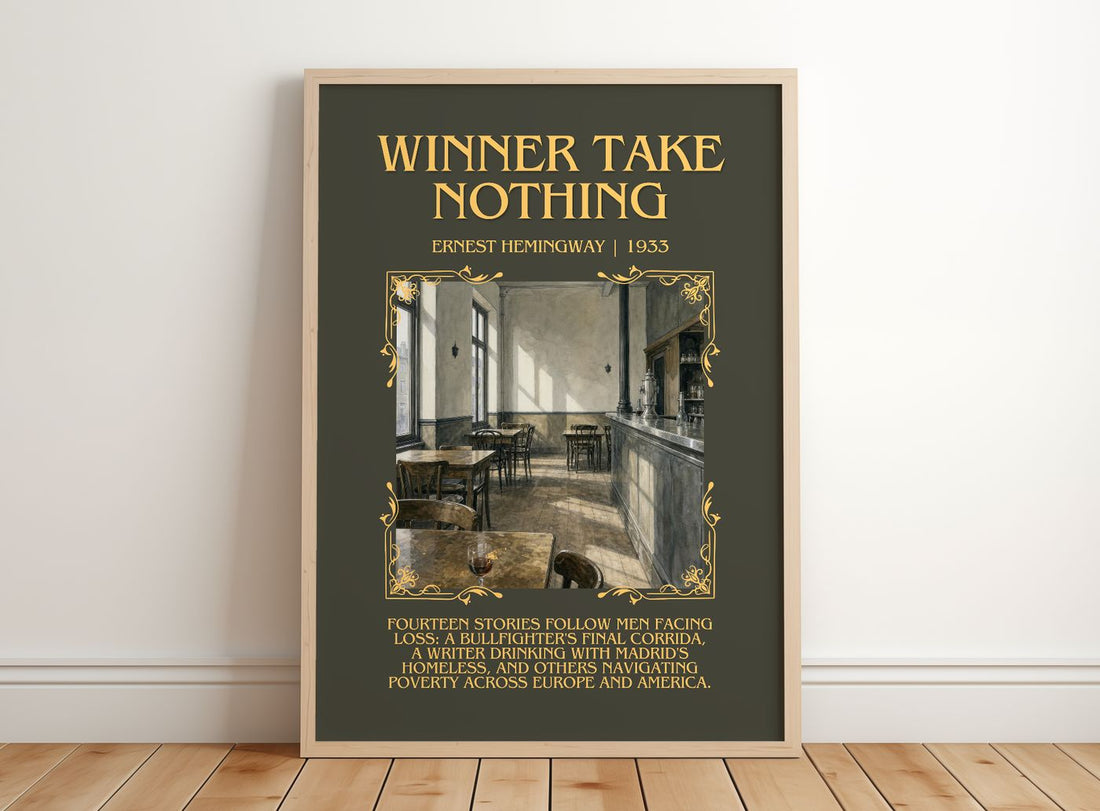 Winner Take Nothing Minimalist Book Poster by Ernest Hemingway – framed print leaning on a wooden floor