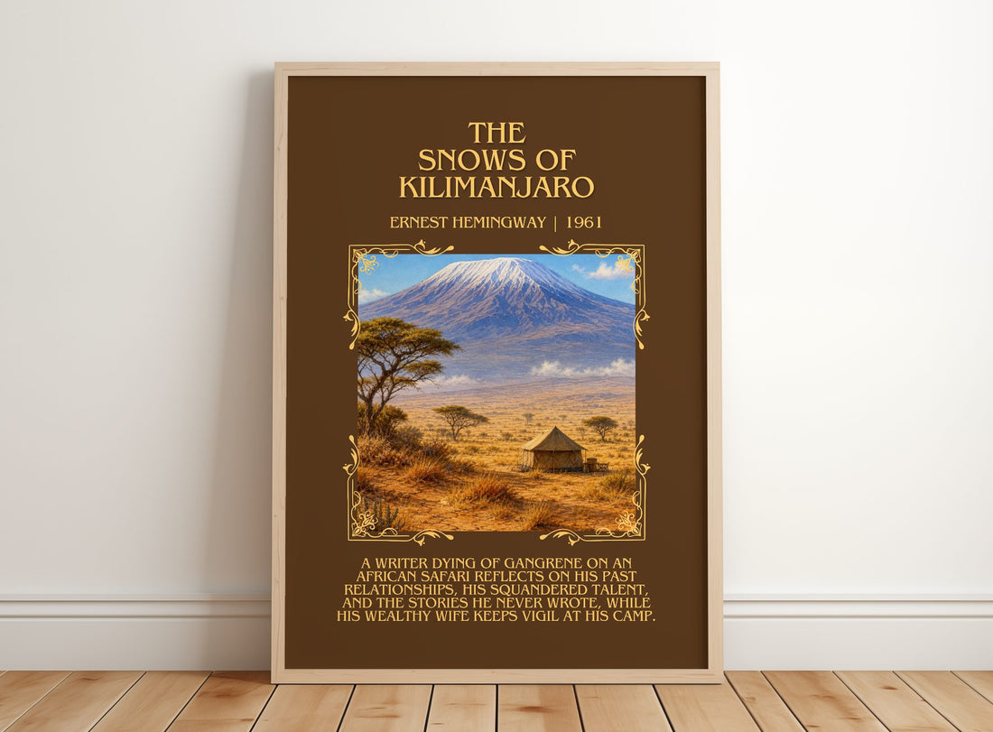The Snows Of Kilimanjaro Minimalist Book Poster by Ernest Hemingway – framed print leaning on a wooden floor