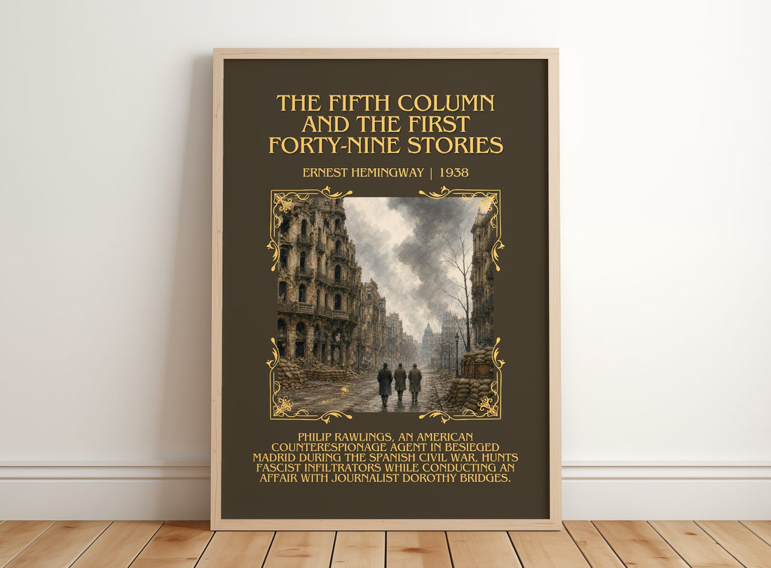 Fifth Column And The First Forty-Nine Stories Minimalist Book Poster – framed print leaning on a wooden floor