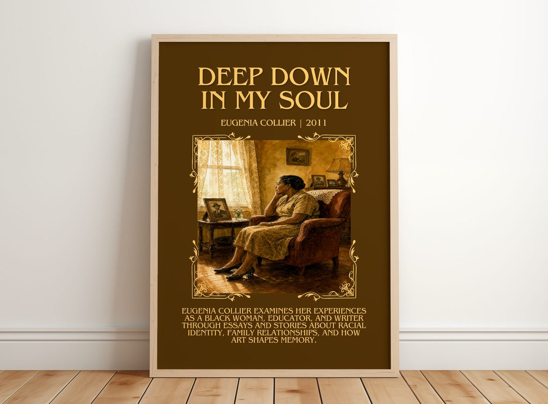 Deep Down In My Soul Minimalist Book Poster by Eugenia Collier – framed print leaning on a wooden floor