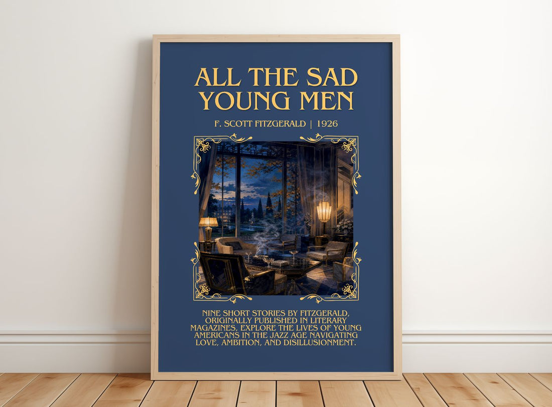 All The Sad Young Men Minimalist Book Poster by F. Scott Fitzgerald – framed print leaning on a wooden floor
