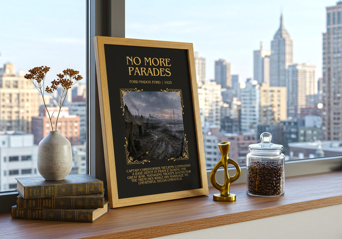 No More Parades Minimalist Book Poster by Ford Madox Ford – framed print on a city-view windowsill