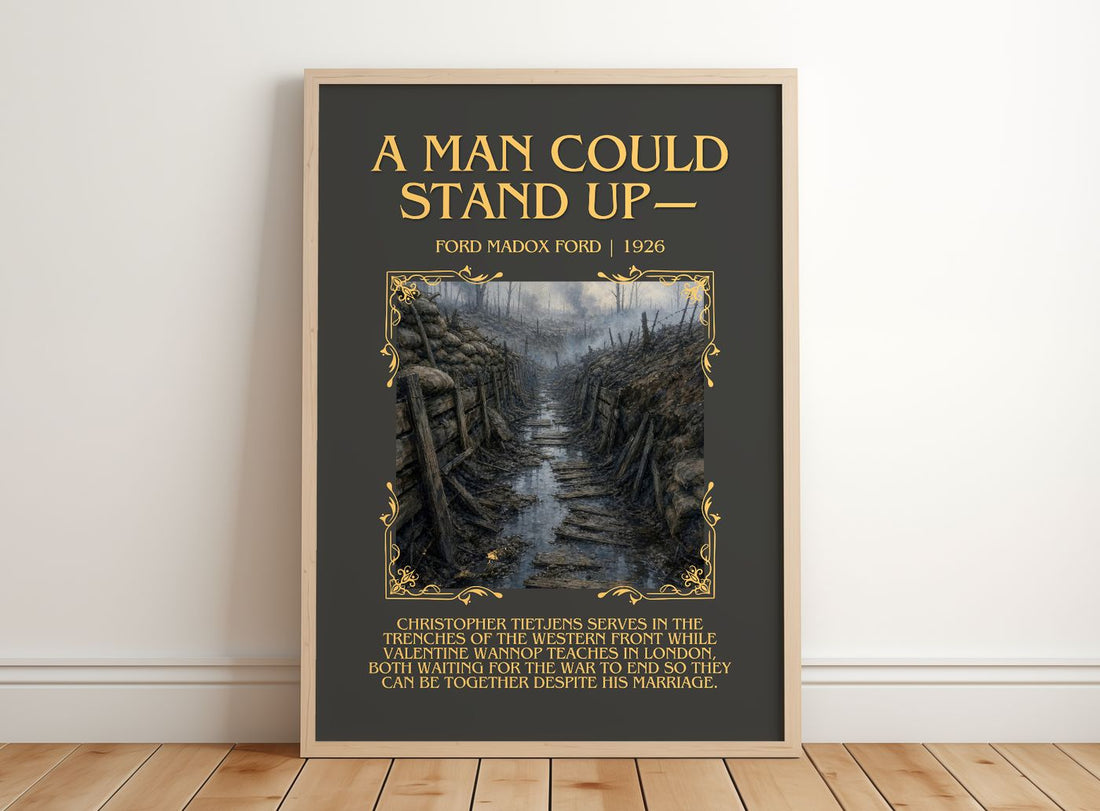 A Man Could Stand Up— Minimalist Book Poster by Ford Madox Ford – framed print leaning on a wooden floor