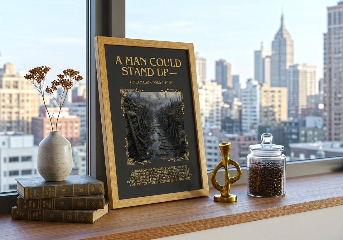 A Man Could Stand Up— Minimalist Book Poster by Ford Madox Ford – framed print on a city-view windowsill