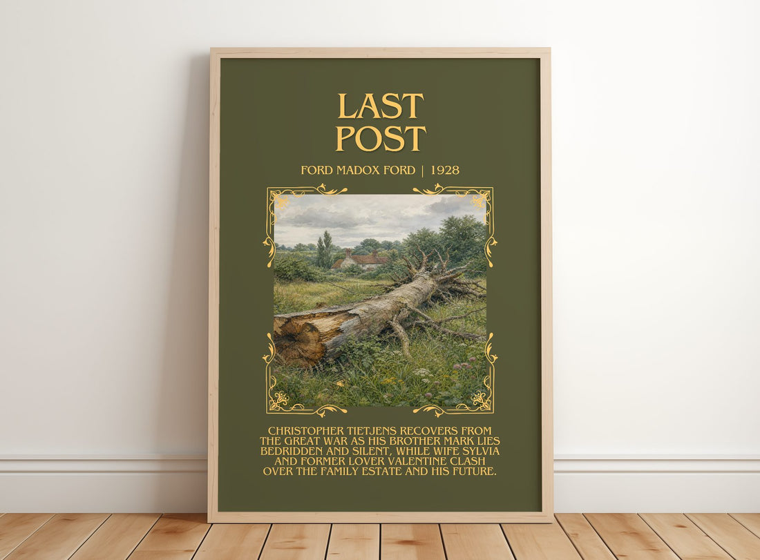 Last Post Minimalist Book Poster by Ford Madox Ford – framed print leaning on a wooden floor